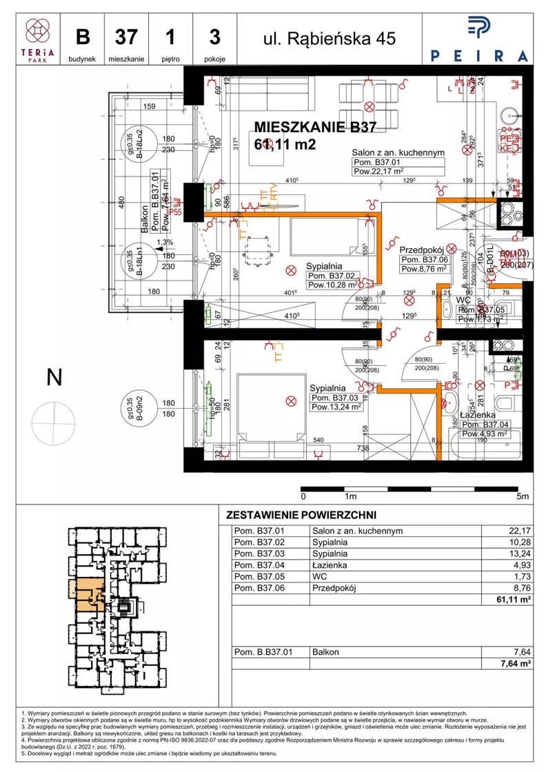 3 pokoje, mieszkanie 61,11 m², piętro 1, oferta nr B37, Teria Park, Łódź, Polesie, Złotno, ul. Rąbieńska 45