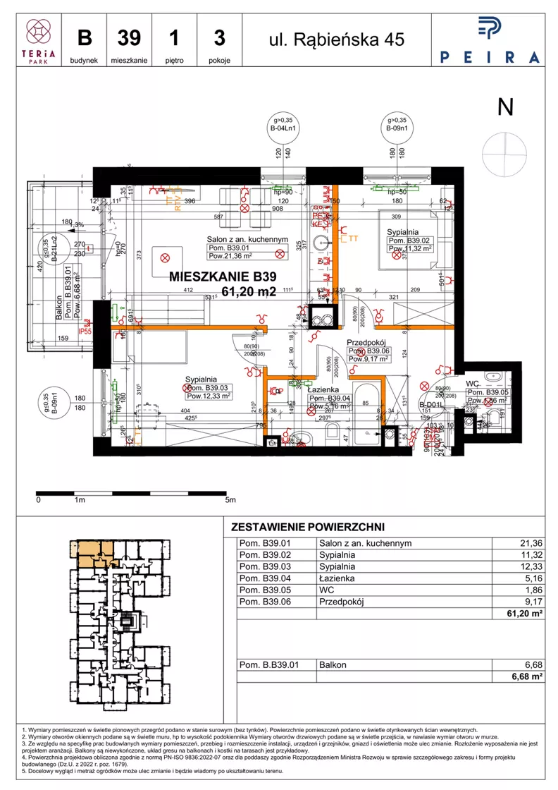 3 pokoje, mieszkanie 61,20 m², piętro 1, oferta nr B39, Teria Park, Łódź, Polesie, Złotno, ul. Rąbieńska 45