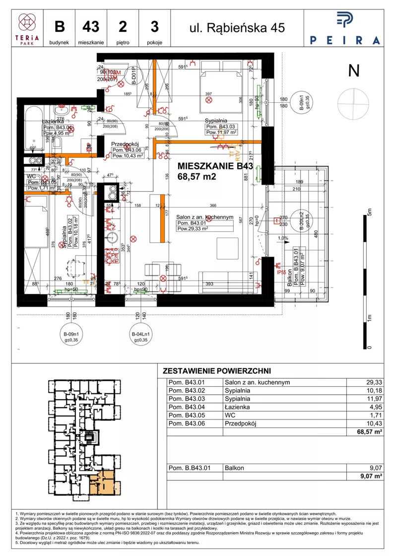 3 pokoje, mieszkanie 68,57 m², piętro 2, oferta nr B43, Teria Park, Łódź, Polesie, Złotno, ul. Rąbieńska 45