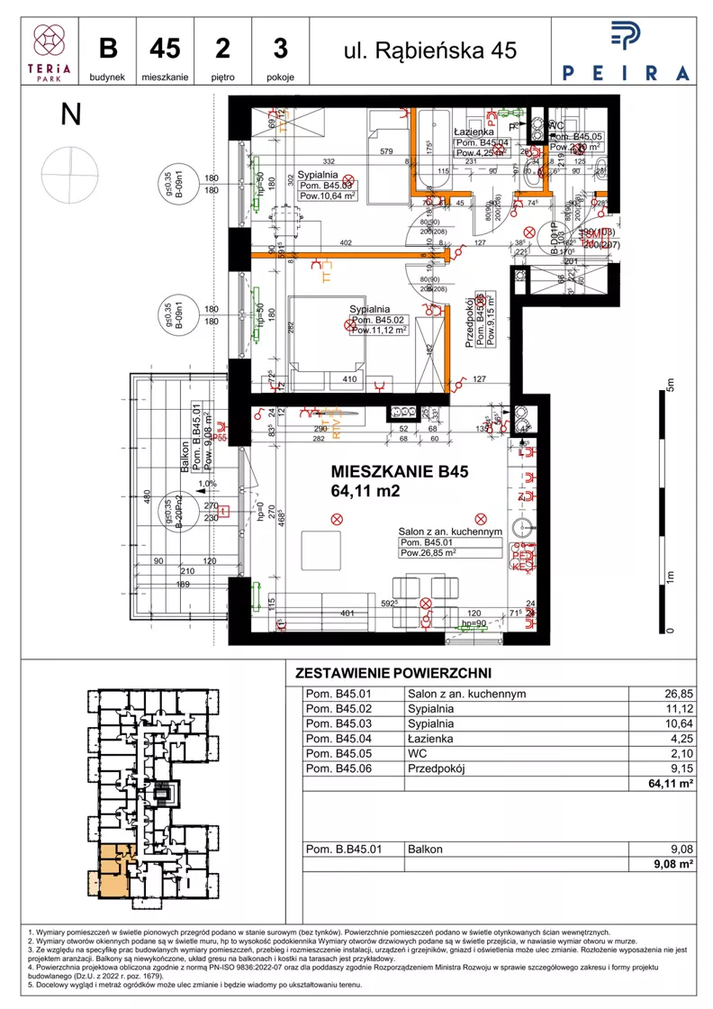3 pokoje, mieszkanie 64,11 m², piętro 2, oferta nr B45, Teria Park, Łódź, Polesie, Złotno, ul. Rąbieńska 45