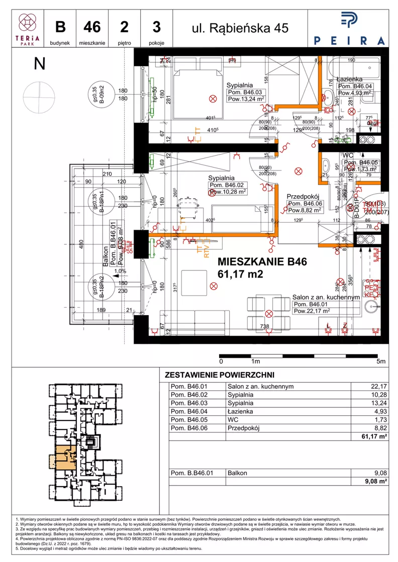 3 pokoje, mieszkanie 61,17 m², piętro 2, oferta nr B46, Teria Park, Łódź, Polesie, Złotno, ul. Rąbieńska 45
