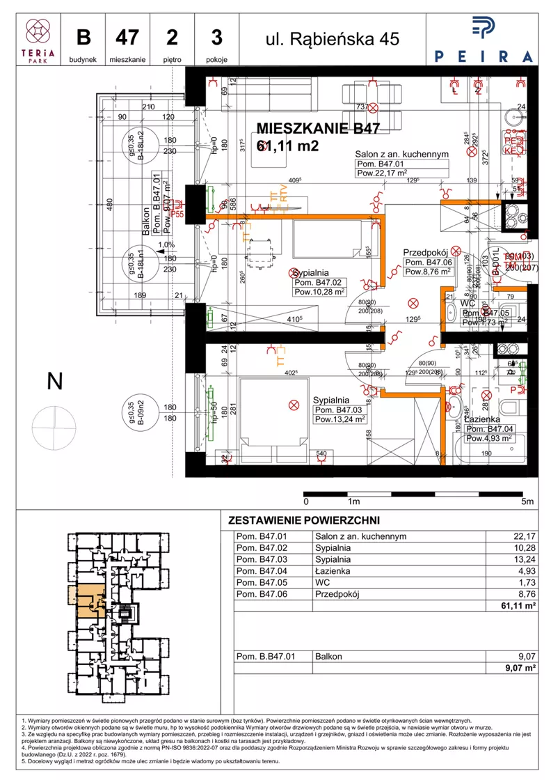 3 pokoje, mieszkanie 61,11 m², piętro 2, oferta nr B47, Teria Park, Łódź, Polesie, Złotno, ul. Rąbieńska 45