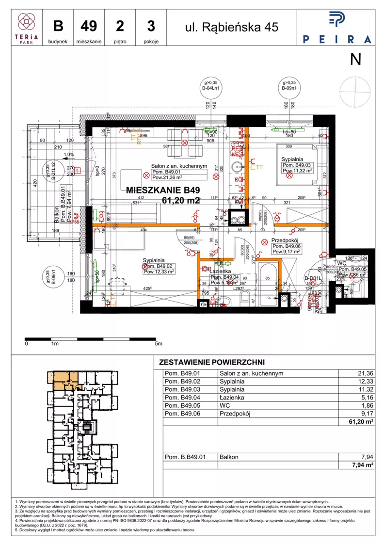 3 pokoje, mieszkanie 61,20 m², piętro 2, oferta nr B49, Teria Park, Łódź, Polesie, Złotno, ul. Rąbieńska 45