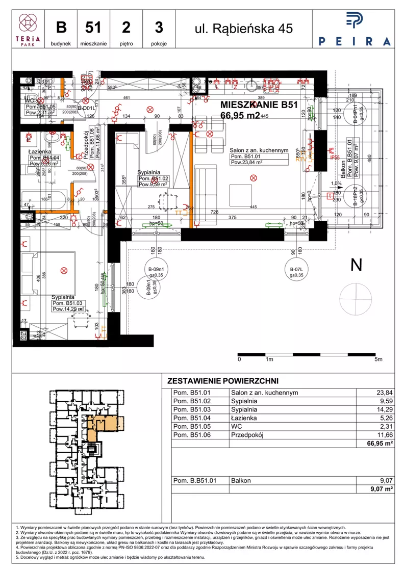 3 pokoje, mieszkanie 66,95 m², piętro 2, oferta nr B51, Teria Park, Łódź, Polesie, Złotno, ul. Rąbieńska 45