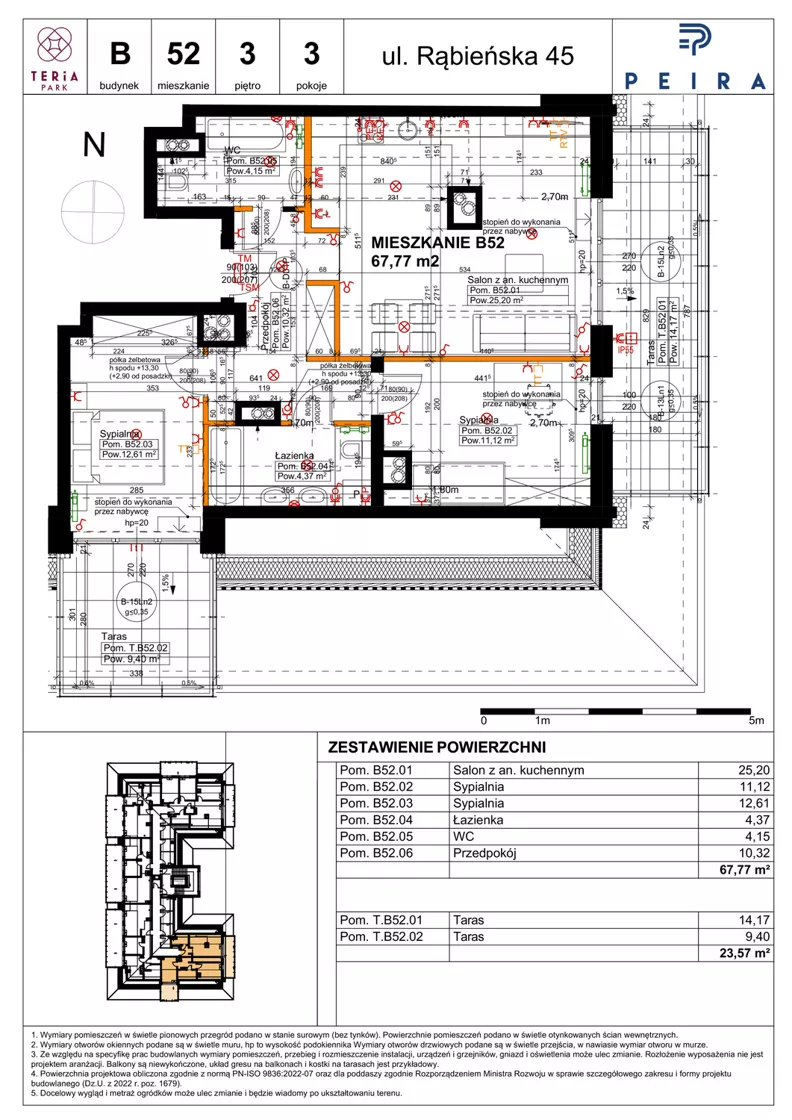 3 pokoje, mieszkanie 67,77 m², piętro 3, oferta nr B52, Teria Park, Łódź, Polesie, Złotno, ul. Rąbieńska 45