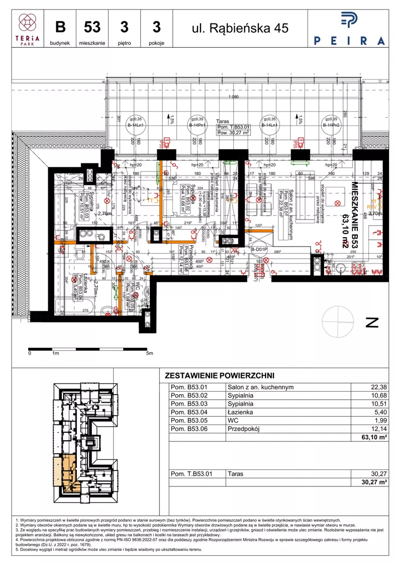 3 pokoje, mieszkanie 63,10 m², piętro 3, oferta nr B53, Teria Park, Łódź, Polesie, Złotno, ul. Rąbieńska 45