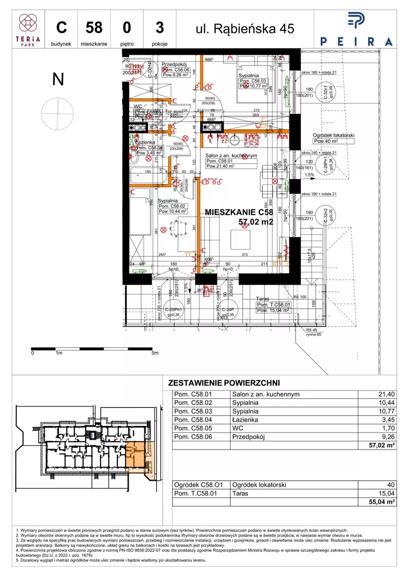 3 pokoje, mieszkanie 57,02 m², parter, oferta nr C58, Teria Park, Łódź, Polesie, Złotno, ul. Rąbieńska 45