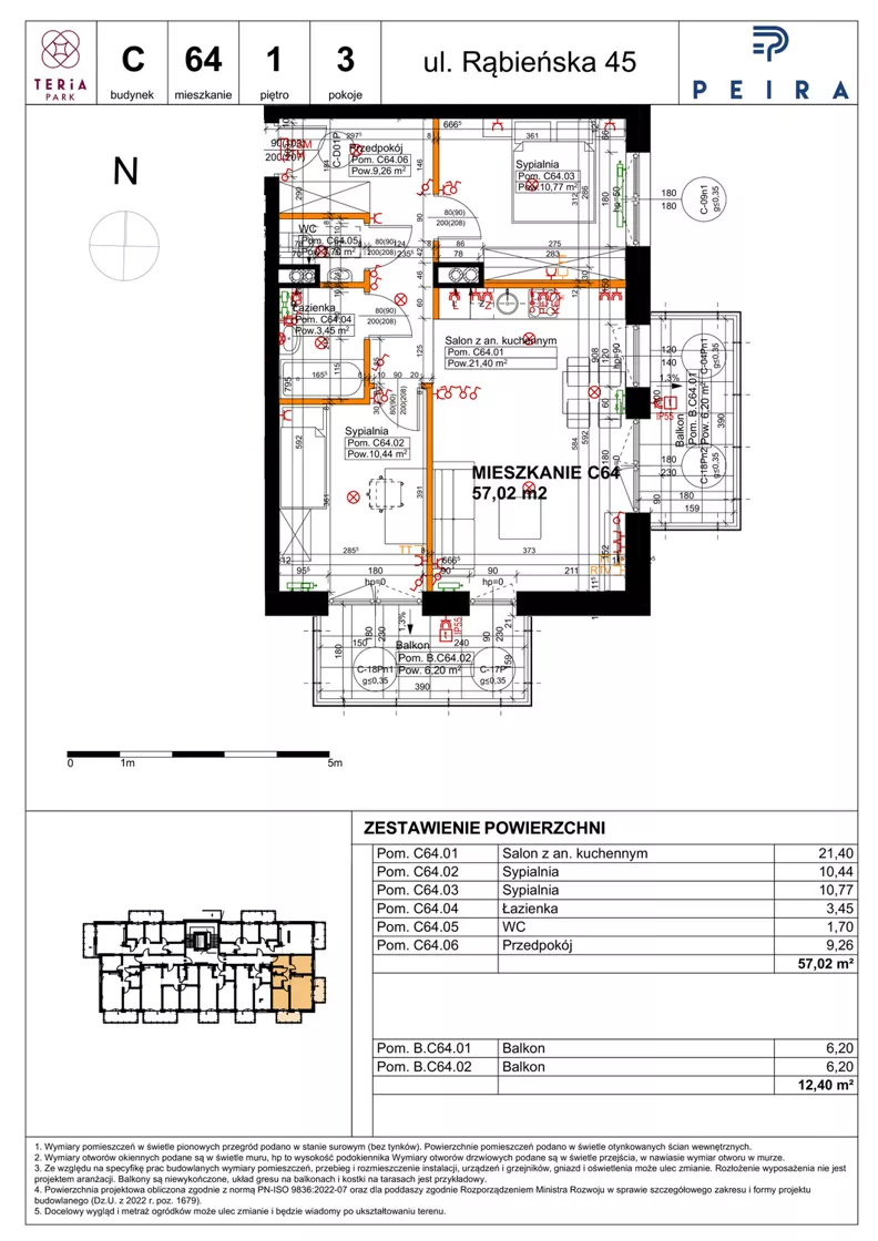 3 pokoje, mieszkanie 57,02 m², piętro 1, oferta nr C64, Teria Park, Łódź, Polesie, Złotno, ul. Rąbieńska 45