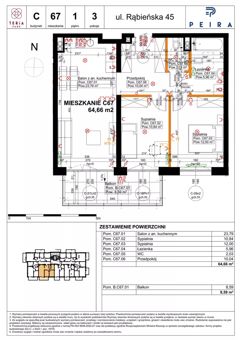 3 pokoje, mieszkanie 64,66 m², piętro 1, oferta nr C67, Teria Park, Łódź, Polesie, Złotno, ul. Rąbieńska 45