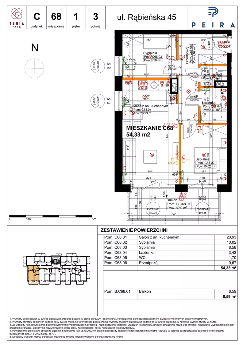 3 pokoje, mieszkanie 54,33 m², piętro 1, oferta nr C68, Teria Park, Łódź, Polesie, Złotno, ul. Rąbieńska 45