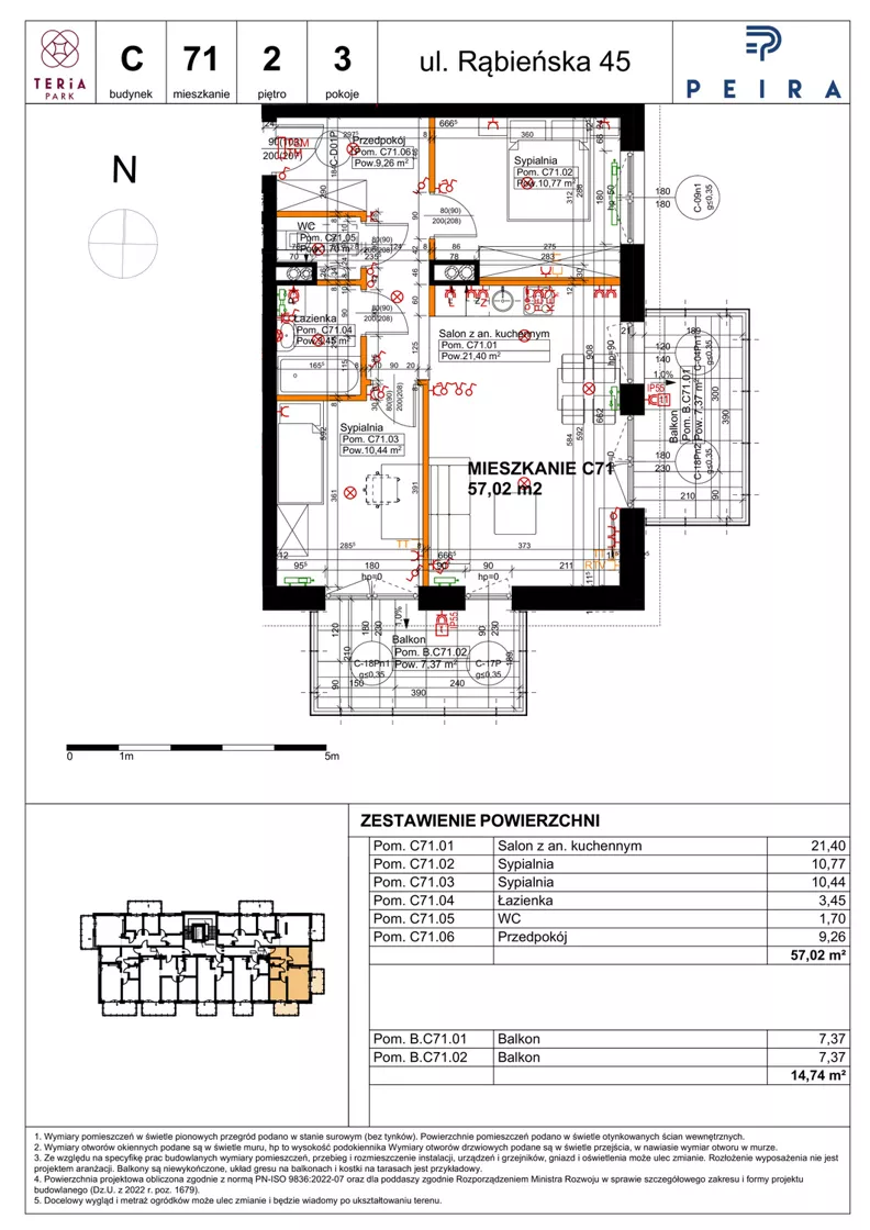 3 pokoje, mieszkanie 57,02 m², piętro 2, oferta nr C71, Teria Park, Łódź, Polesie, Złotno, ul. Rąbieńska 45