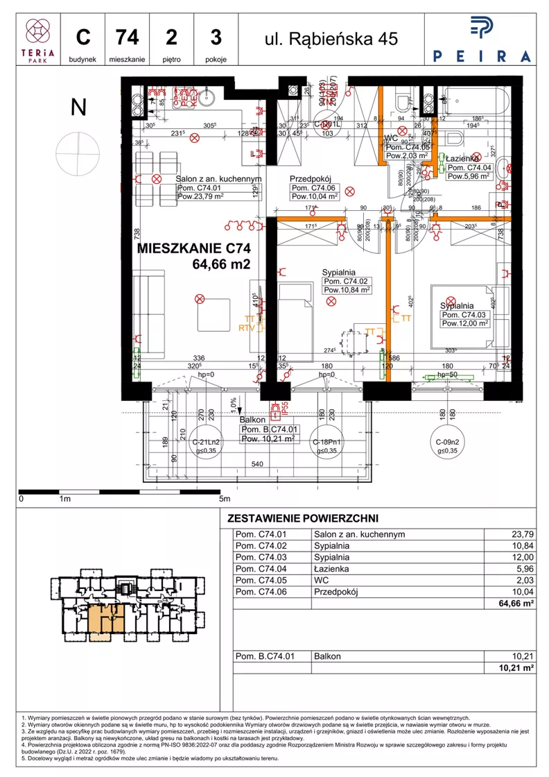 3 pokoje, mieszkanie 64,66 m², piętro 2, oferta nr C74, Teria Park, Łódź, Polesie, Złotno, ul. Rąbieńska 45