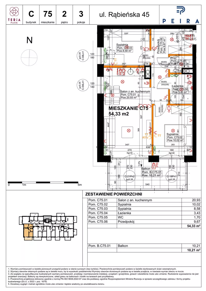 3 pokoje, mieszkanie 54,33 m², piętro 2, oferta nr C75, Teria Park, Łódź, Polesie, Złotno, ul. Rąbieńska 45