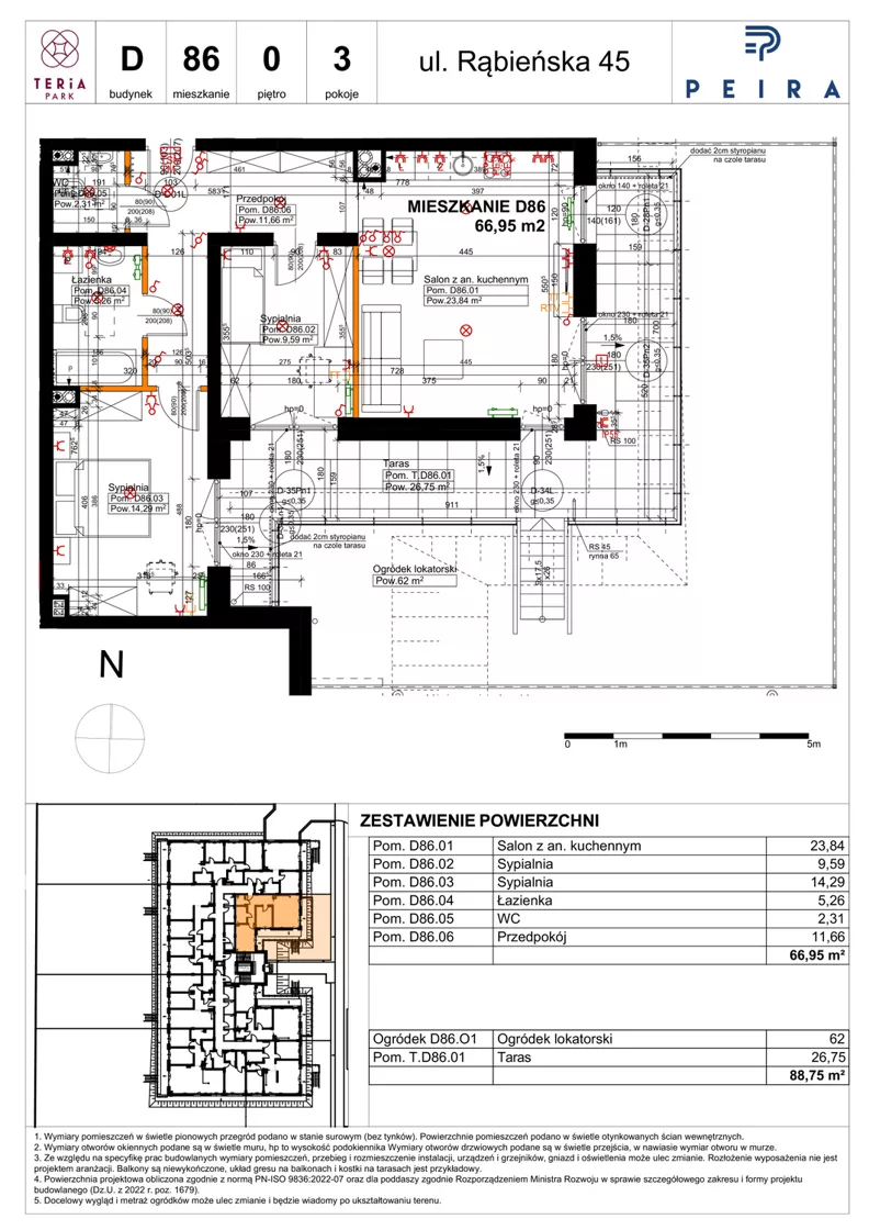 3 pokoje, mieszkanie 66,95 m², parter, oferta nr D86, Teria Park, Łódź, Polesie, Złotno, ul. Rąbieńska 45