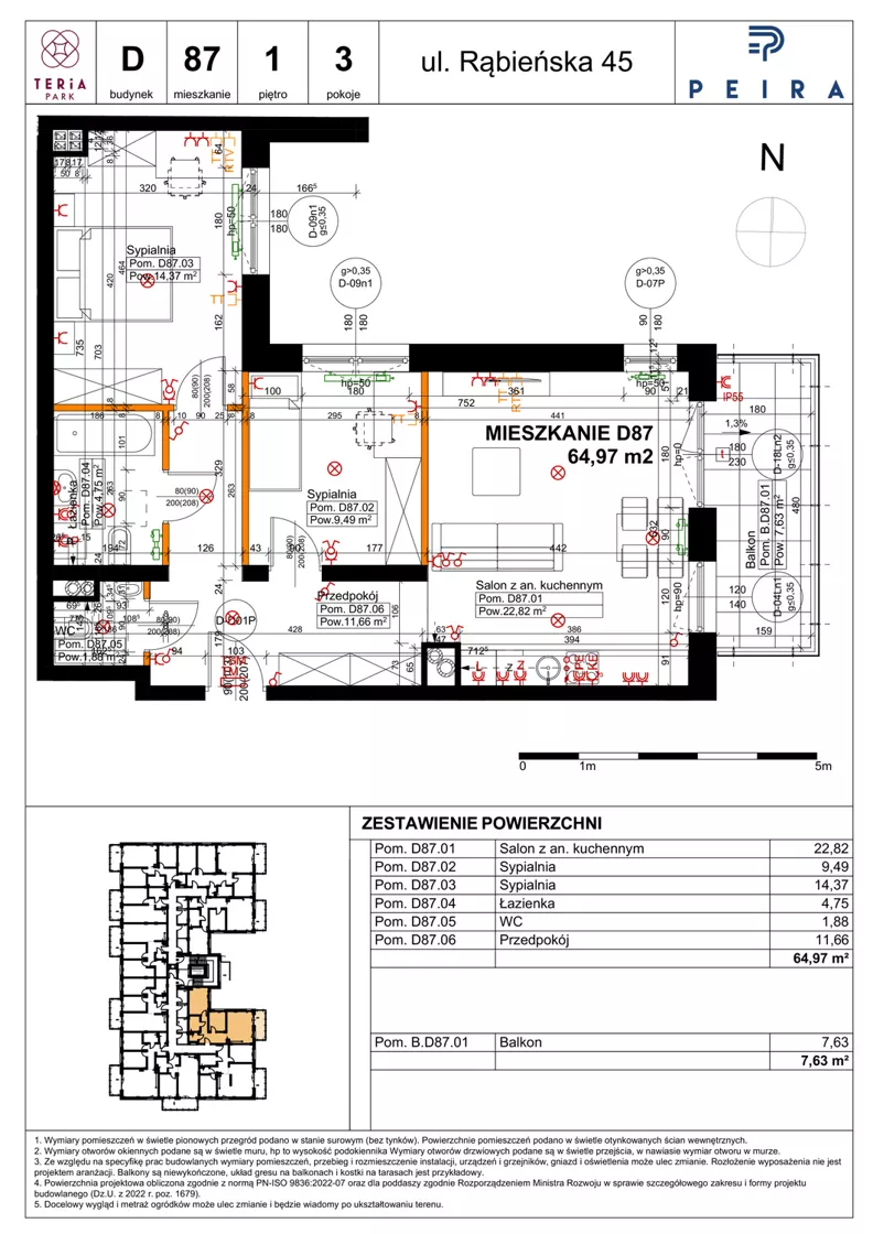 3 pokoje, mieszkanie 64,97 m², piętro 1, oferta nr D87, Teria Park, Łódź, Polesie, Złotno, ul. Rąbieńska 45