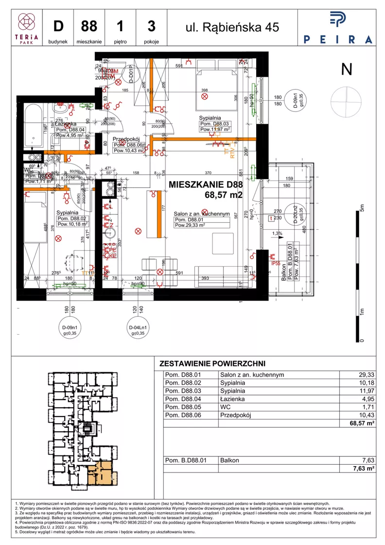 3 pokoje, mieszkanie 68,57 m², piętro 1, oferta nr D88, Teria Park, Łódź, Polesie, Złotno, ul. Rąbieńska 45