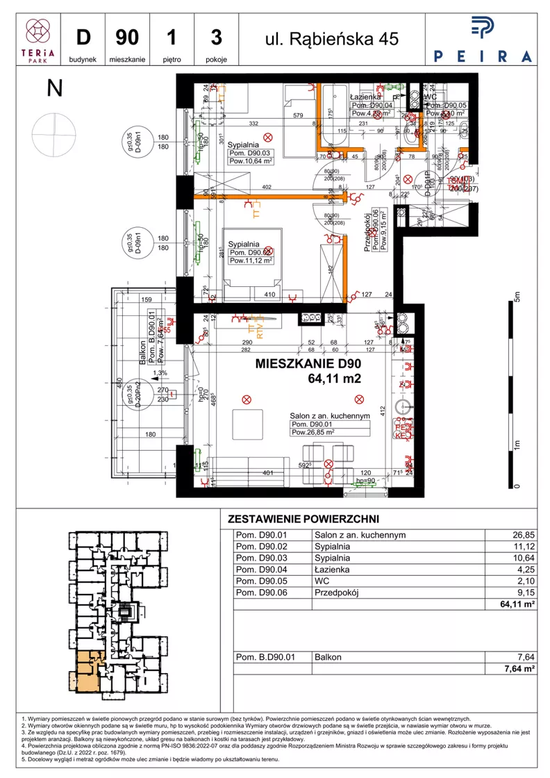 3 pokoje, mieszkanie 64,11 m², piętro 1, oferta nr D90, Teria Park, Łódź, Polesie, Złotno, ul. Rąbieńska 45
