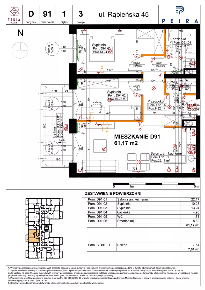 3 pokoje, mieszkanie 61,17 m², piętro 1, oferta nr D91, Teria Park, Łódź, Polesie, Złotno, ul. Rąbieńska 45