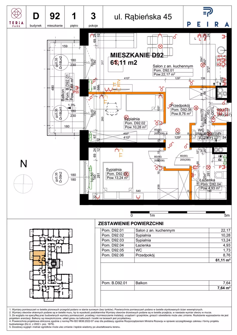 3 pokoje, mieszkanie 61,11 m², piętro 1, oferta nr D92, Teria Park, Łódź, Polesie, Złotno, ul. Rąbieńska 45