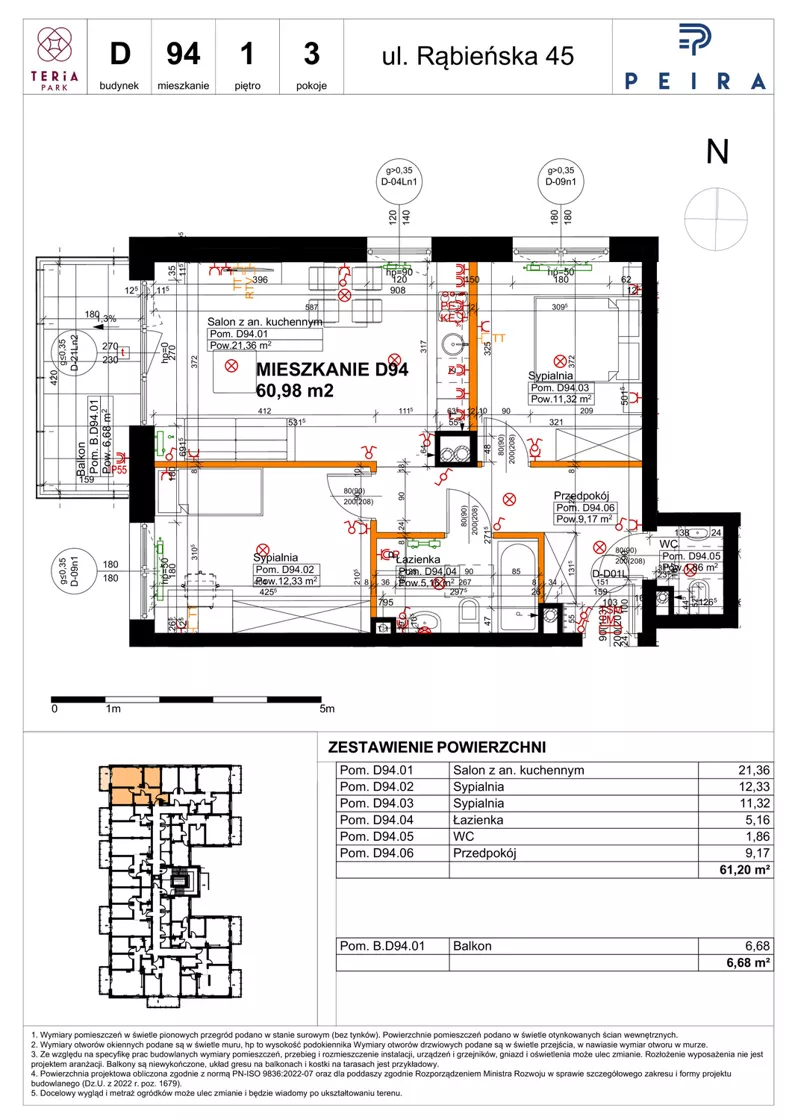 3 pokoje, mieszkanie 61,20 m², piętro 1, oferta nr D94, Teria Park, Łódź, Polesie, Złotno, ul. Rąbieńska 45
