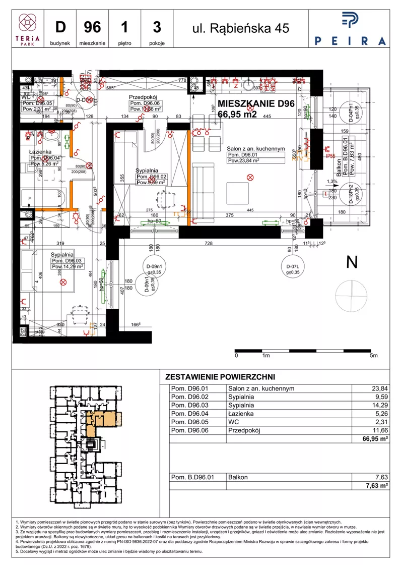 3 pokoje, mieszkanie 66,95 m², piętro 1, oferta nr D96, Teria Park, Łódź, Polesie, Złotno, ul. Rąbieńska 45