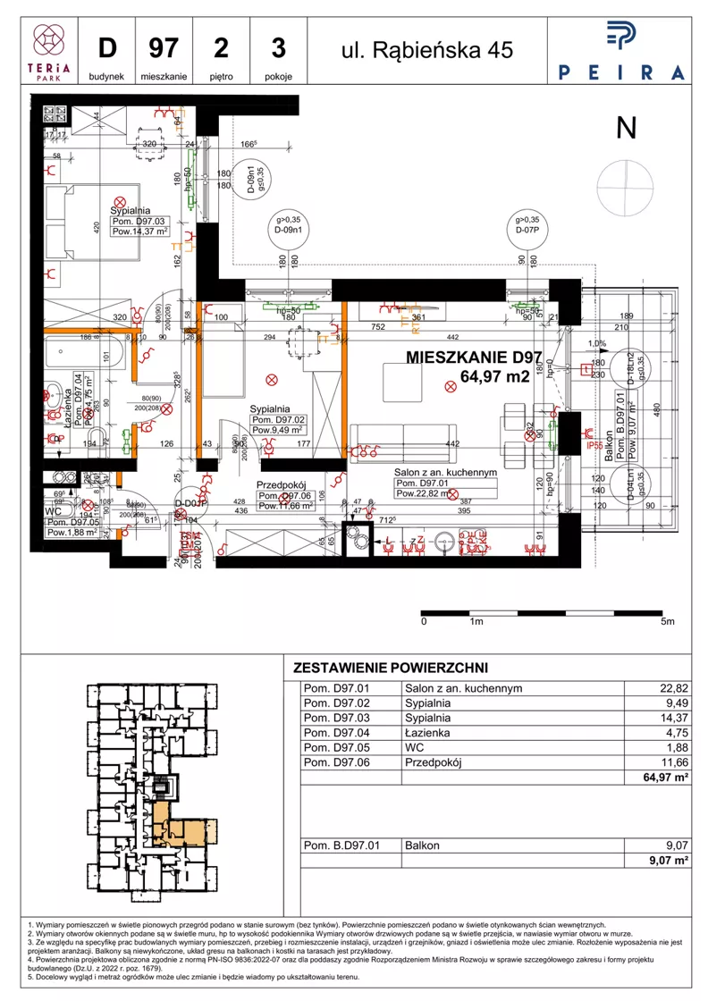 3 pokoje, mieszkanie 64,97 m², piętro 2, oferta nr D97, Teria Park, Łódź, Polesie, Złotno, ul. Rąbieńska 45