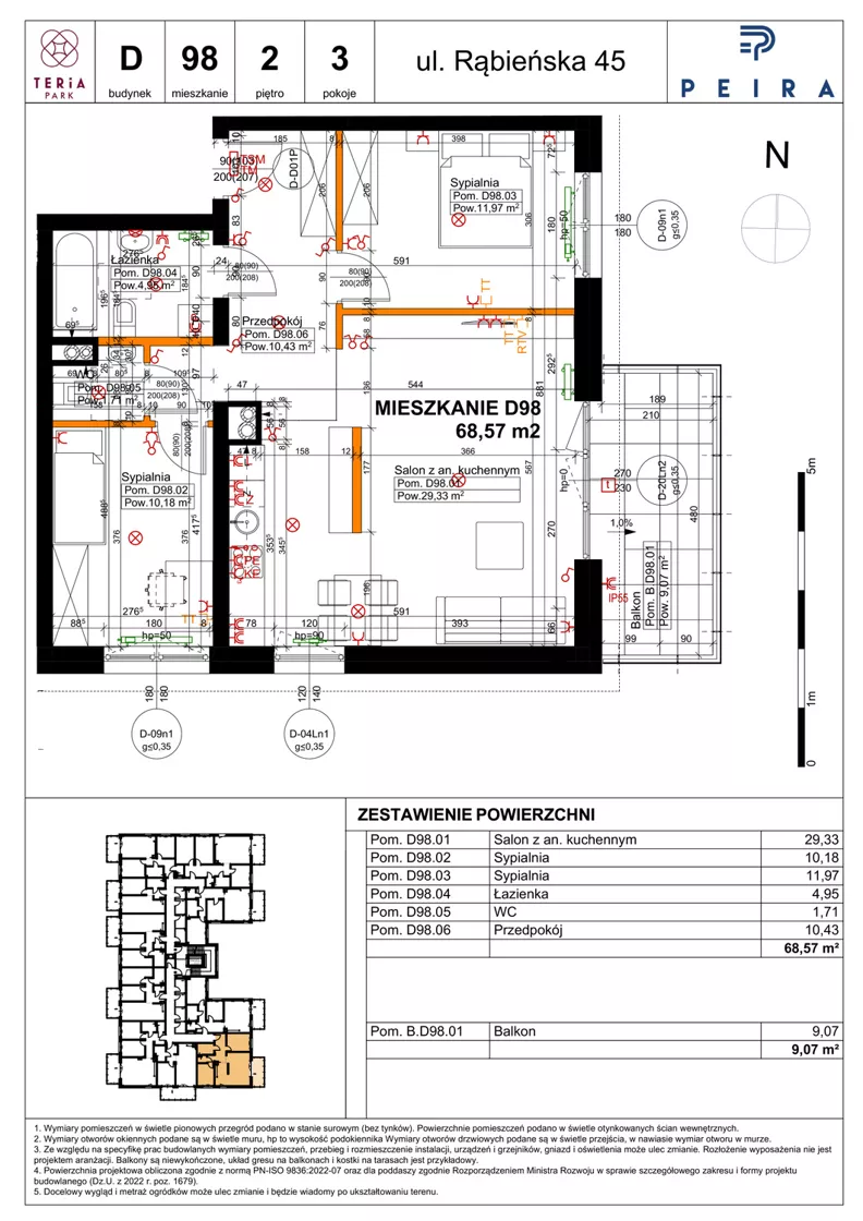 3 pokoje, mieszkanie 68,57 m², piętro 2, oferta nr D98, Teria Park, Łódź, Polesie, Złotno, ul. Rąbieńska 45