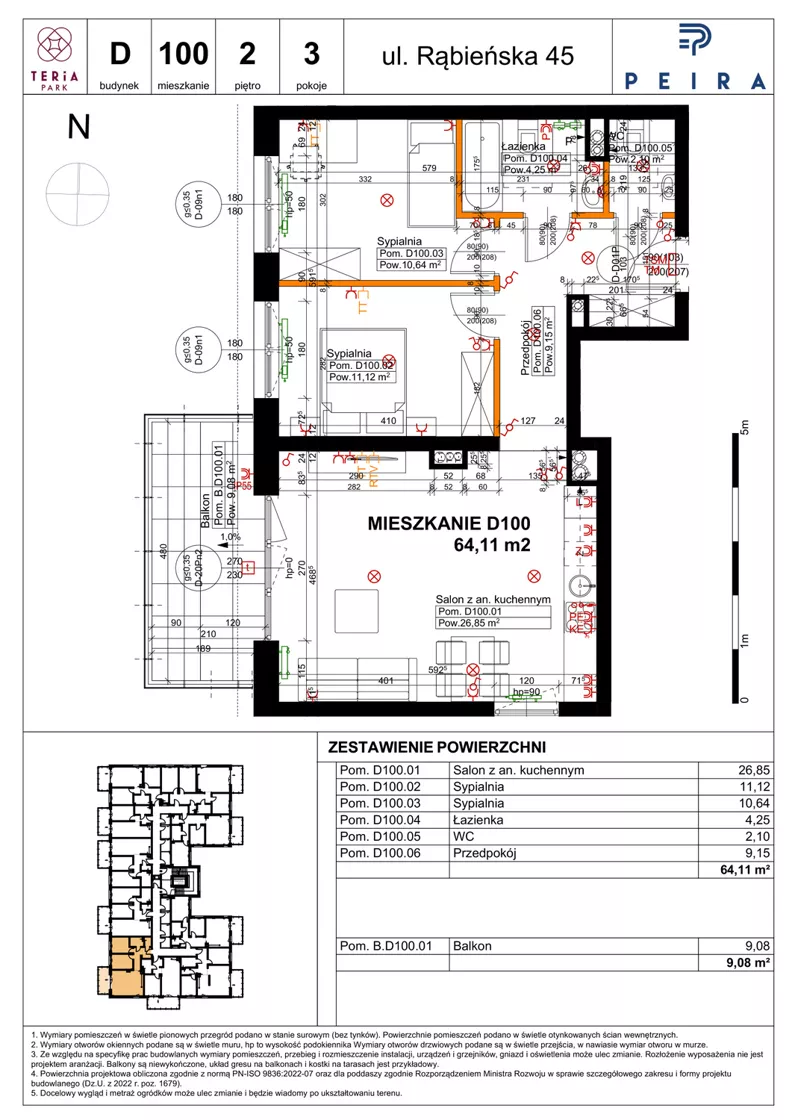 3 pokoje, mieszkanie 64,11 m², piętro 2, oferta nr D100, Teria Park, Łódź, Polesie, Złotno, ul. Rąbieńska 45