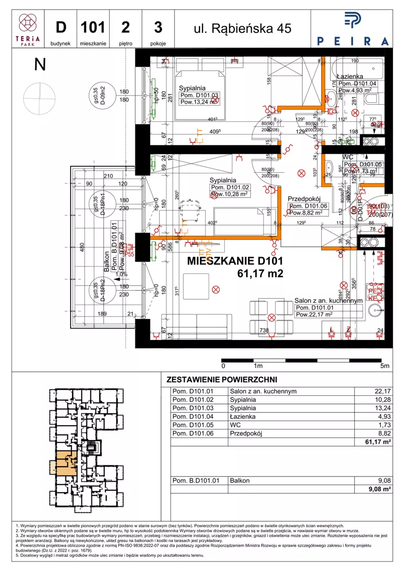 3 pokoje, mieszkanie 61,17 m², piętro 2, oferta nr D101, Teria Park, Łódź, Polesie, Złotno, ul. Rąbieńska 45