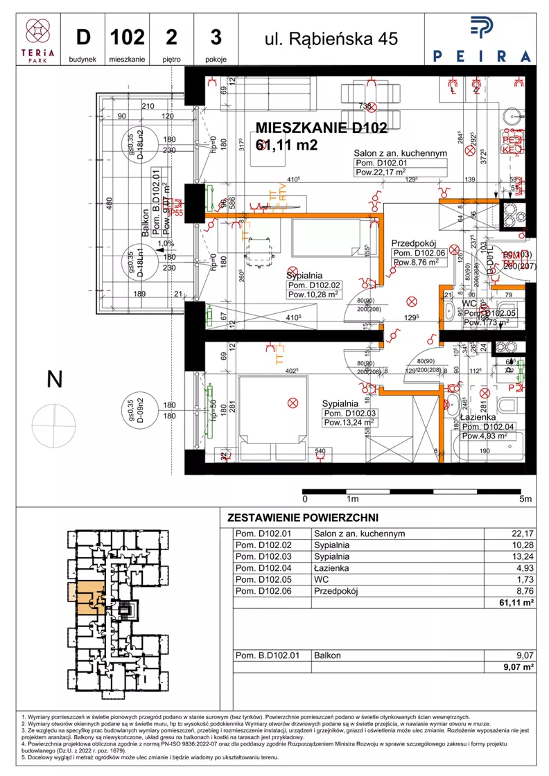 3 pokoje, mieszkanie 61,11 m², piętro 2, oferta nr D102, Teria Park, Łódź, Polesie, Złotno, ul. Rąbieńska 45