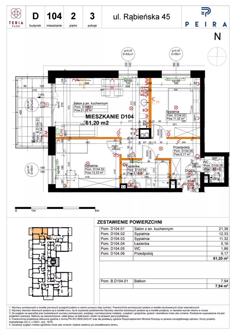 3 pokoje, mieszkanie 61,20 m², piętro 2, oferta nr D104, Teria Park, Łódź, Polesie, Złotno, ul. Rąbieńska 45