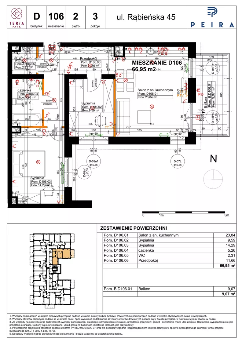 3 pokoje, mieszkanie 66,95 m², piętro 2, oferta nr D106, Teria Park, Łódź, Polesie, Złotno, ul. Rąbieńska 45