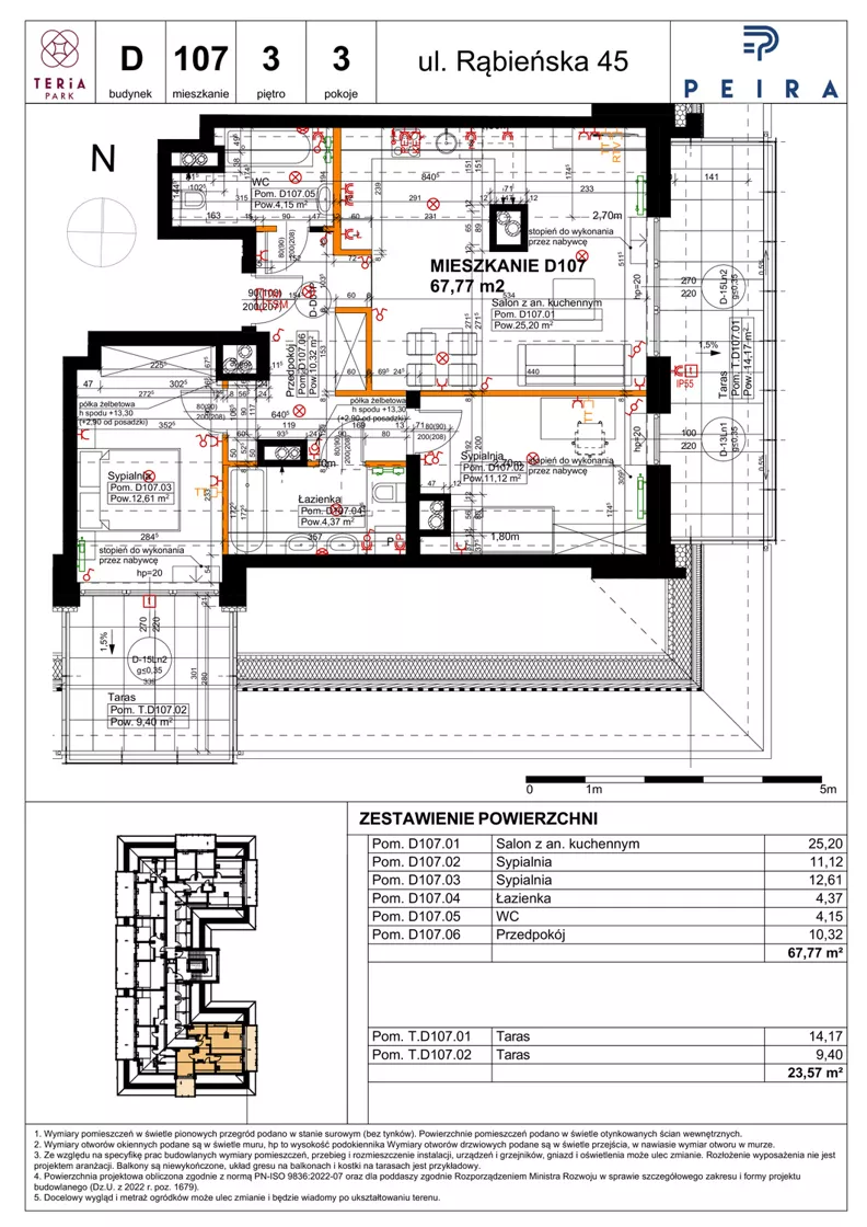 3 pokoje, mieszkanie 67,77 m², piętro 3, oferta nr D107, Teria Park, Łódź, Polesie, Złotno, ul. Rąbieńska 45