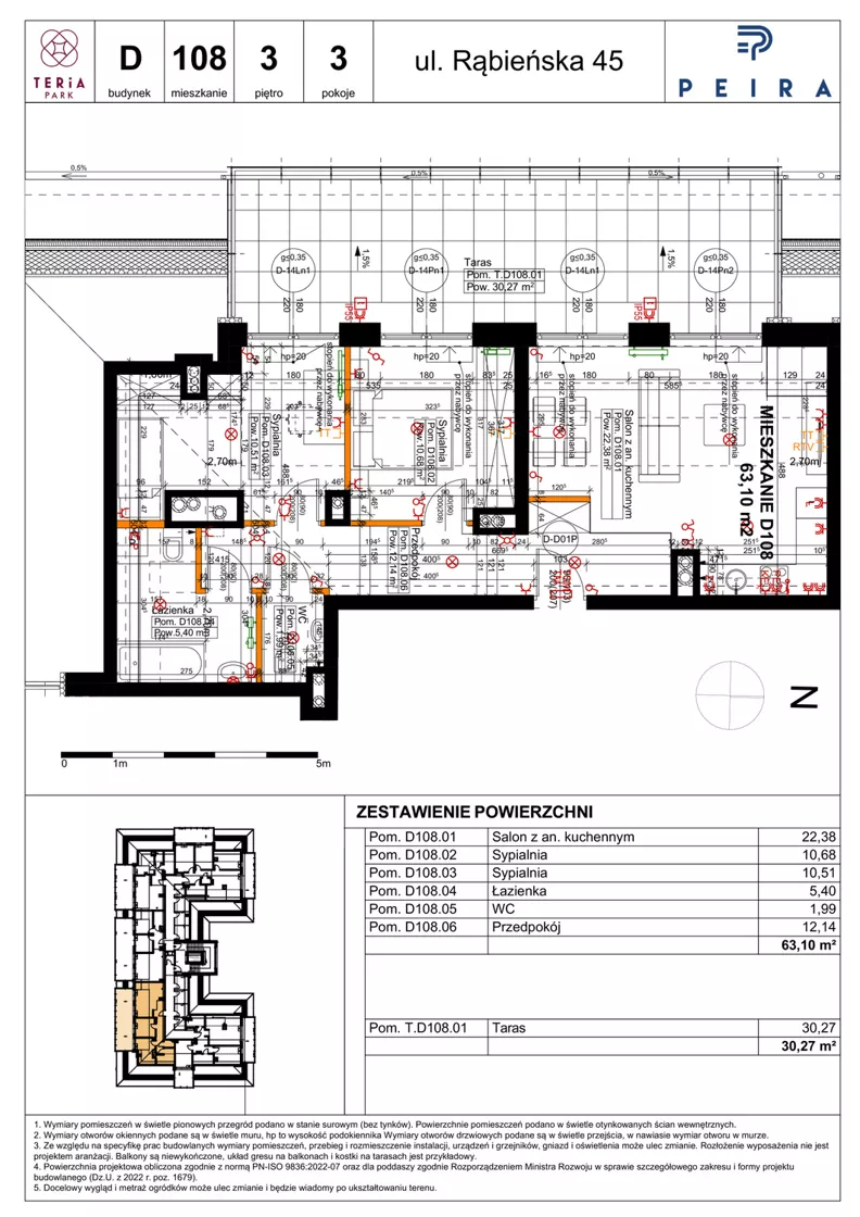 3 pokoje, mieszkanie 63,10 m², piętro 3, oferta nr D108, Teria Park, Łódź, Polesie, Złotno, ul. Rąbieńska 45