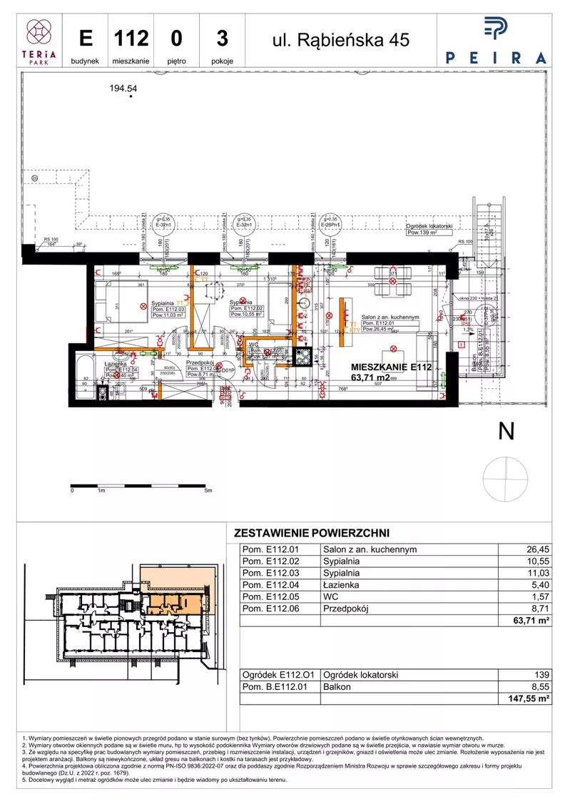 3 pokoje, mieszkanie 63,71 m², parter, oferta nr E112, Teria Park, Łódź, Polesie, Złotno, ul. Rąbieńska 45