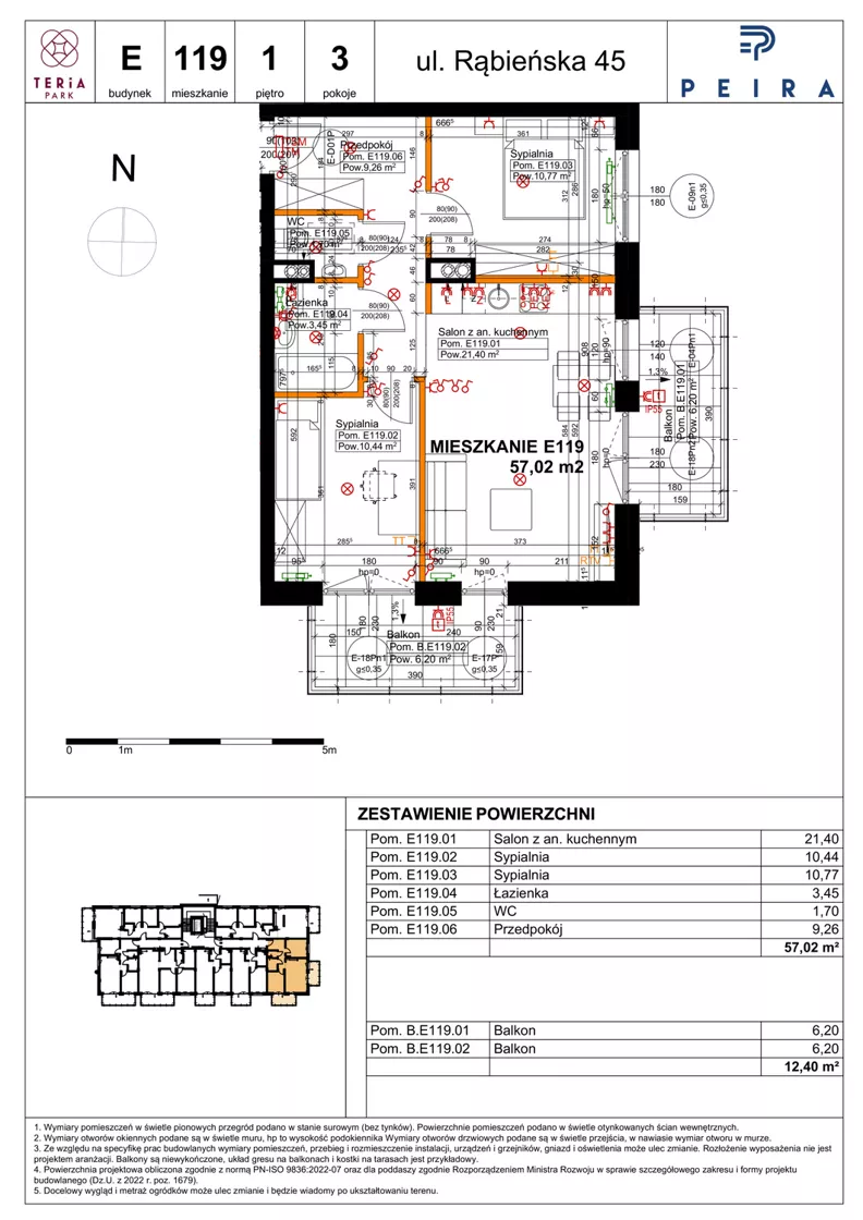 3 pokoje, mieszkanie 57,02 m², piętro 1, oferta nr E119, Teria Park, Łódź, Polesie, Złotno, ul. Rąbieńska 45