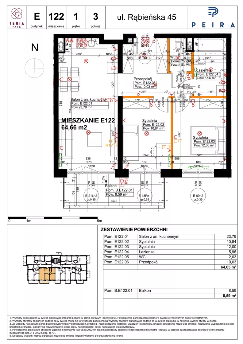 3 pokoje, mieszkanie 64,65 m², piętro 1, oferta nr E122, Teria Park, Łódź, Polesie, Złotno, ul. Rąbieńska 45