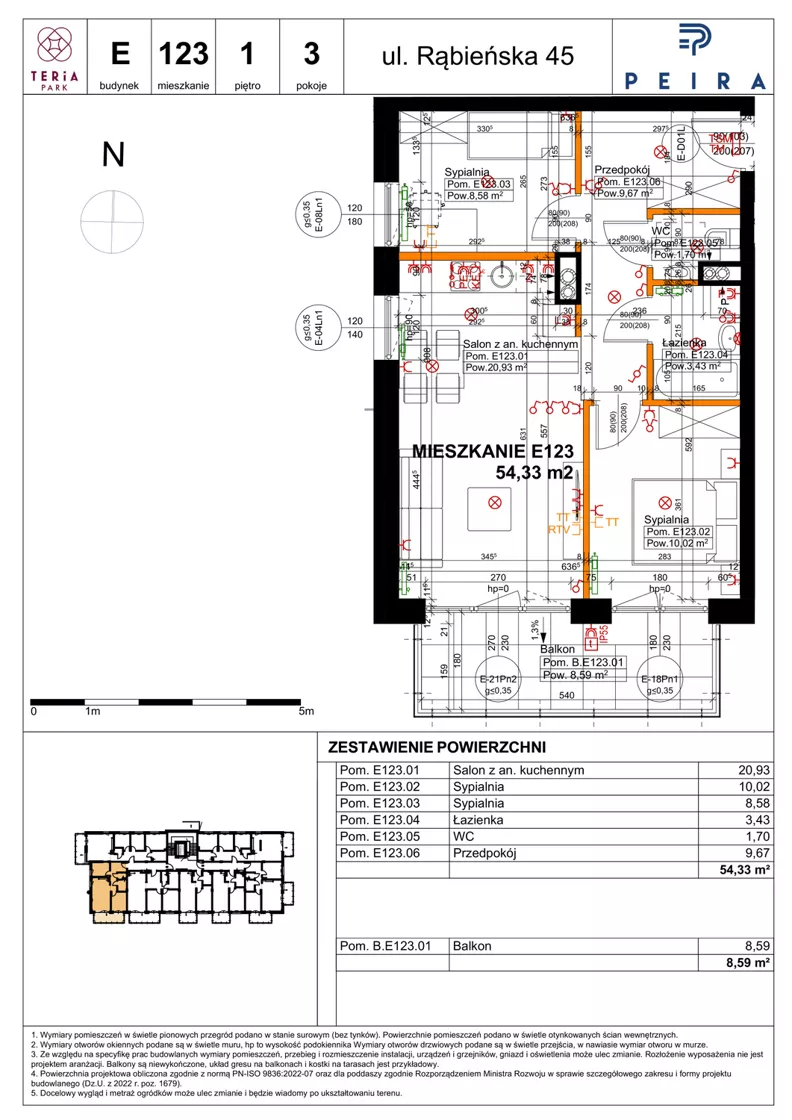 3 pokoje, mieszkanie 54,33 m², piętro 1, oferta nr E123, Teria Park, Łódź, Polesie, Złotno, ul. Rąbieńska 45