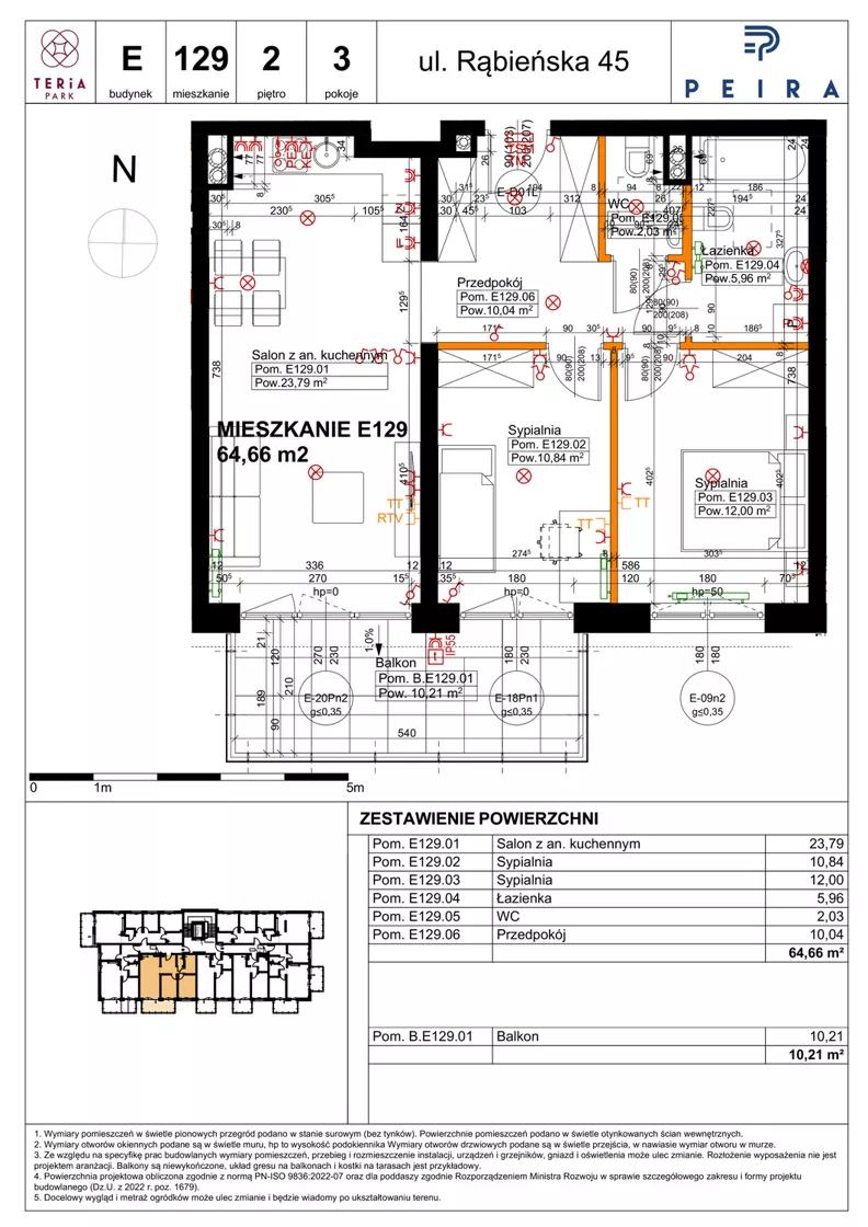 3 pokoje, mieszkanie 64,66 m², piętro 2, oferta nr E129, Teria Park, Łódź, Polesie, Złotno, ul. Rąbieńska 45
