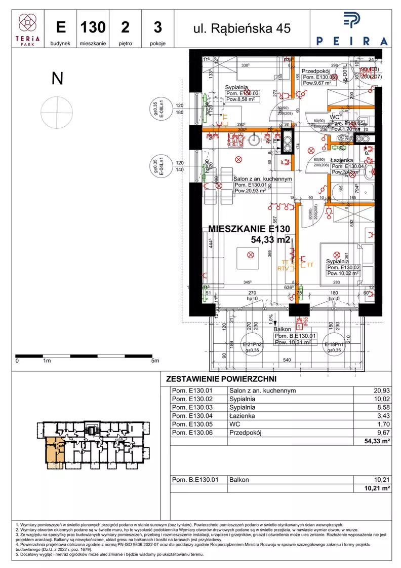 3 pokoje, mieszkanie 54,33 m², piętro 2, oferta nr E130, Teria Park, Łódź, Polesie, Złotno, ul. Rąbieńska 45
