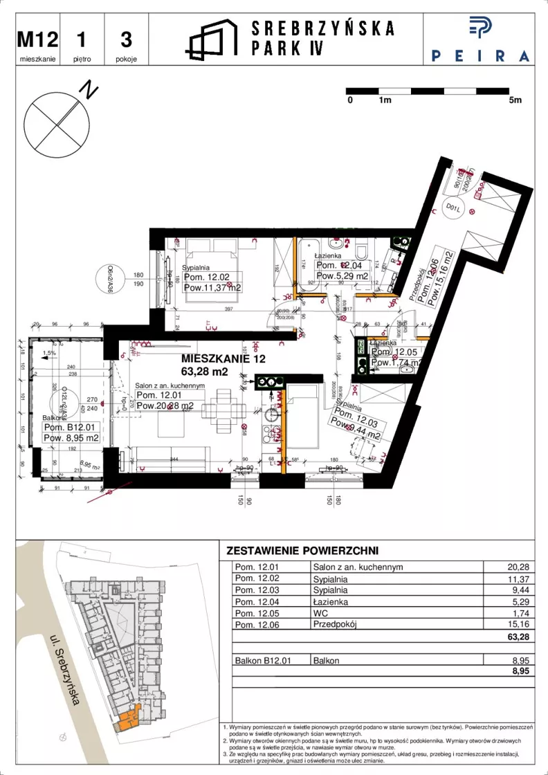 3 pokoje, mieszkanie 63,28 m², piętro 1, oferta nr M12, Srebrzyńska Park IV, Łódź, Polesie, ul. Srebrzyńska 109