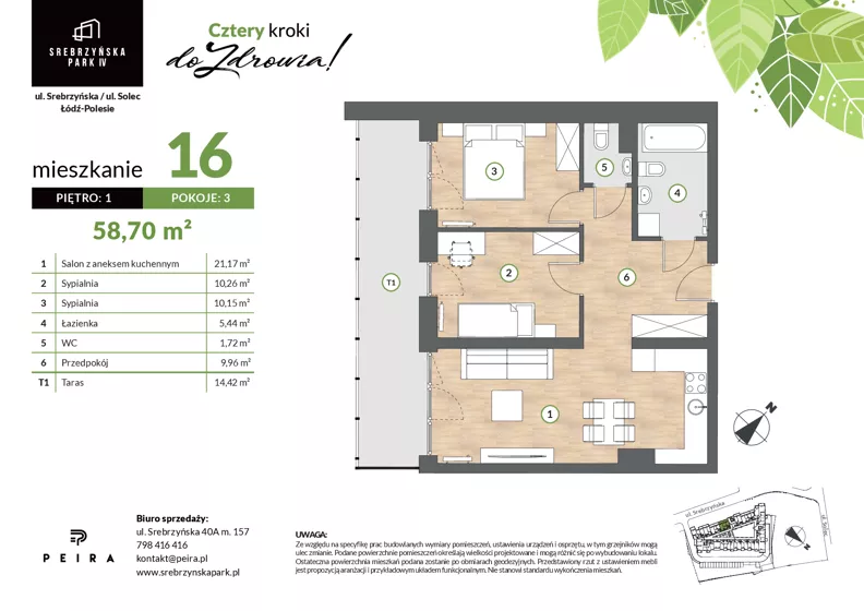 3 pokoje, mieszkanie 58,70 m², piętro 1, oferta nr M16, Srebrzyńska Park IV, Łódź, Polesie, ul. Srebrzyńska 109