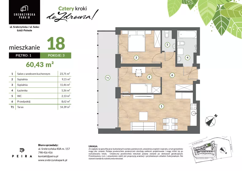 3 pokoje, mieszkanie 60,43 m², piętro 1, oferta nr M18, Srebrzyńska Park IV, Łódź, Polesie, ul. Srebrzyńska 109