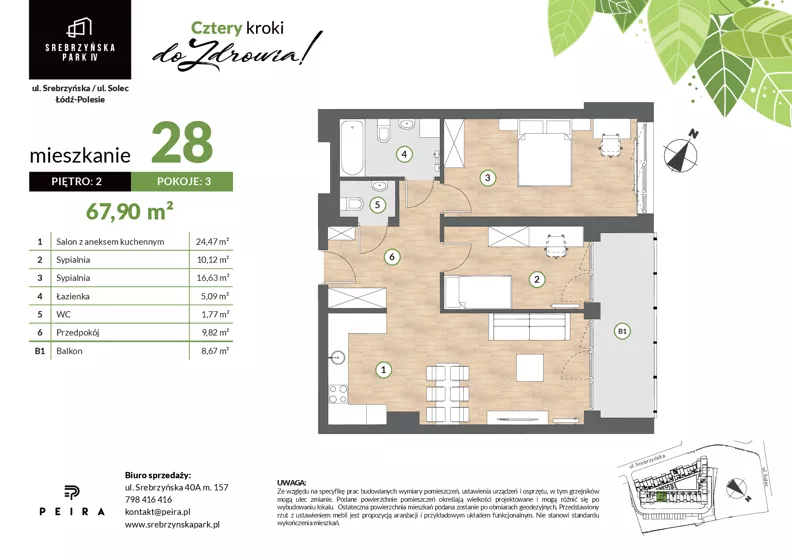 3 pokoje, mieszkanie 67,90 m², piętro 2, oferta nr M28, Srebrzyńska Park IV, Łódź, Polesie, ul. Srebrzyńska 109