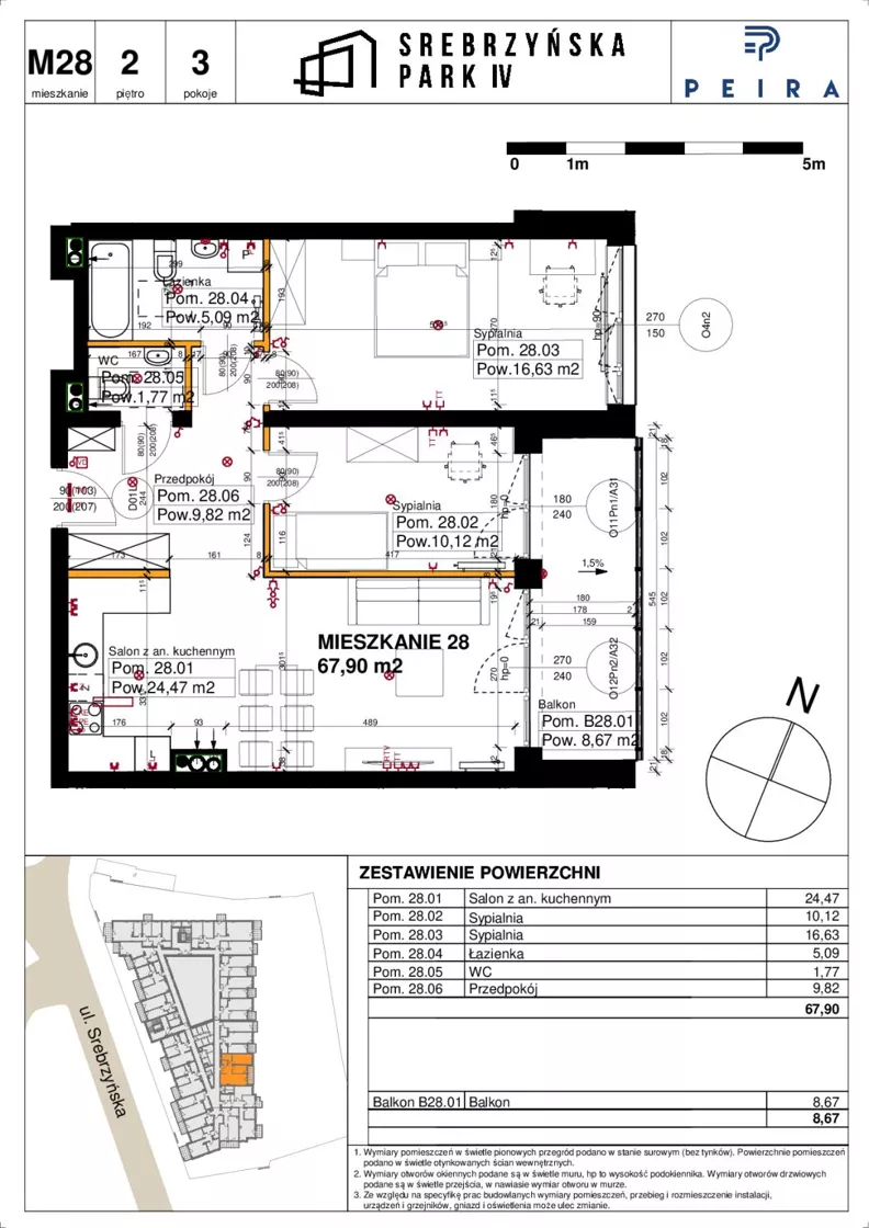 3 pokoje, mieszkanie 67,90 m², piętro 2, oferta nr M28, Srebrzyńska Park IV, Łódź, Polesie, ul. Srebrzyńska 109