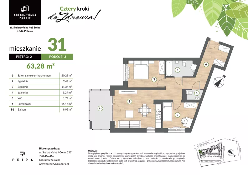 3 pokoje, mieszkanie 63,28 m², piętro 2, oferta nr M31, Srebrzyńska Park IV, Łódź, Polesie, ul. Srebrzyńska 109