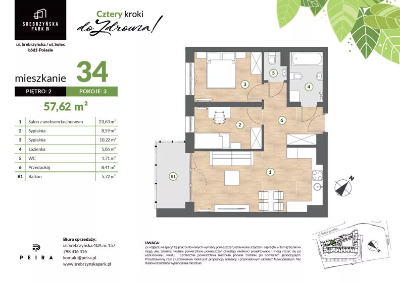 3 pokoje, mieszkanie 57,62 m², piętro 2, oferta nr M34, Srebrzyńska Park IV, Łódź, Polesie, ul. Srebrzyńska 109