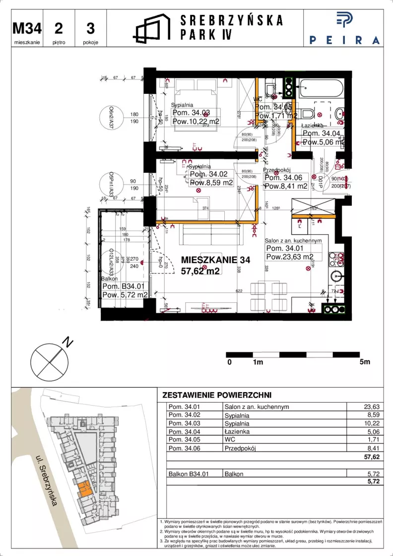 3 pokoje, mieszkanie 57,62 m², piętro 2, oferta nr M34, Srebrzyńska Park IV, Łódź, Polesie, ul. Srebrzyńska 109