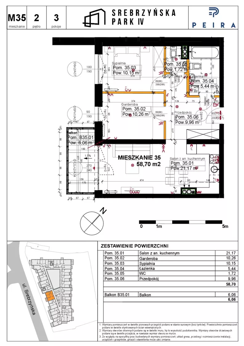 3 pokoje, mieszkanie 58,70 m², piętro 2, oferta nr M35, Srebrzyńska Park IV, Łódź, Polesie, ul. Srebrzyńska 109