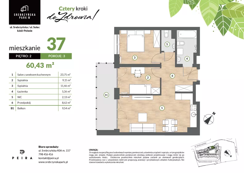 3 pokoje, mieszkanie 60,43 m², piętro 2, oferta nr M37, Srebrzyńska Park IV, Łódź, Polesie, ul. Srebrzyńska 109